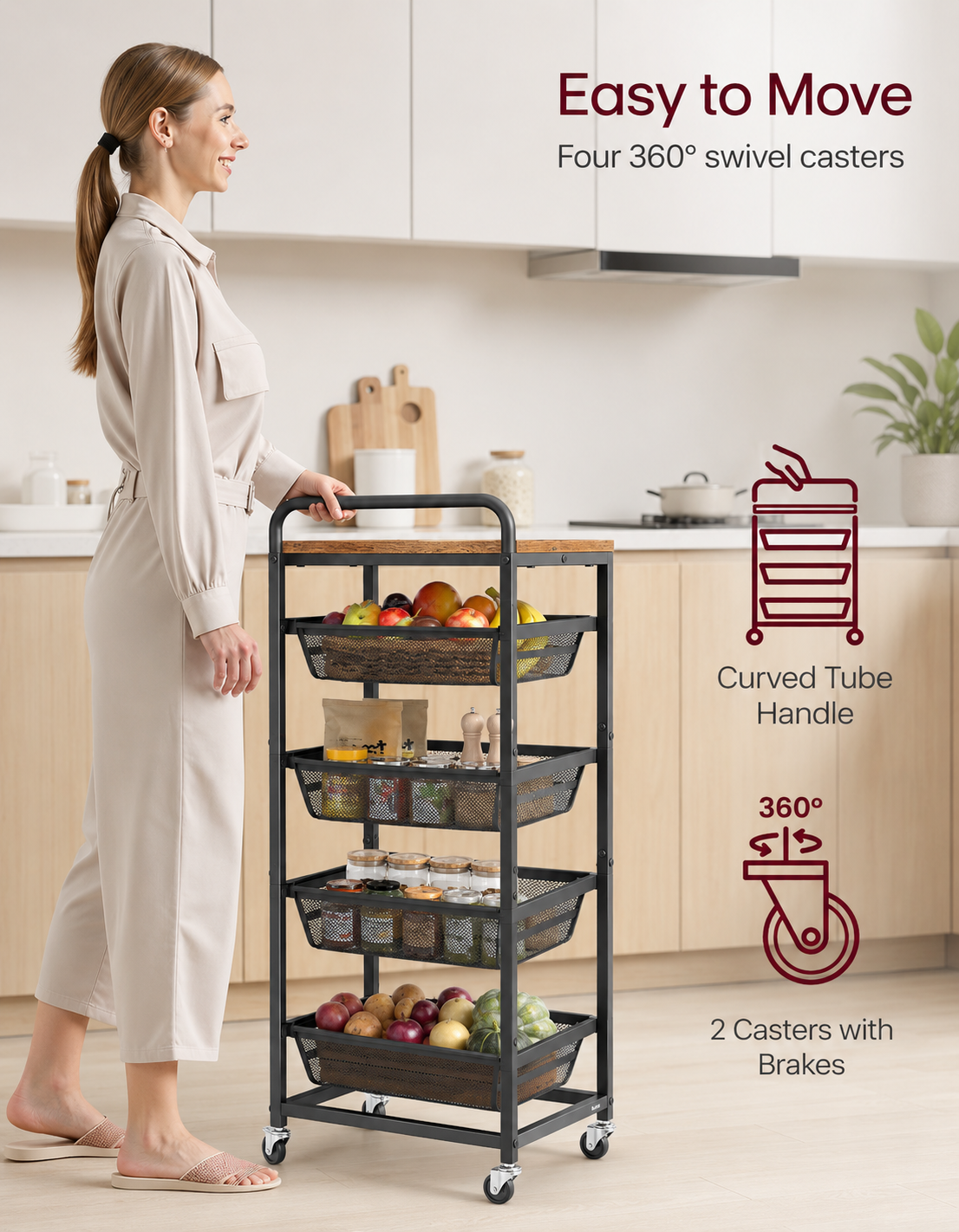 Easy to move: four 360 degree swivel casters, two with brakes