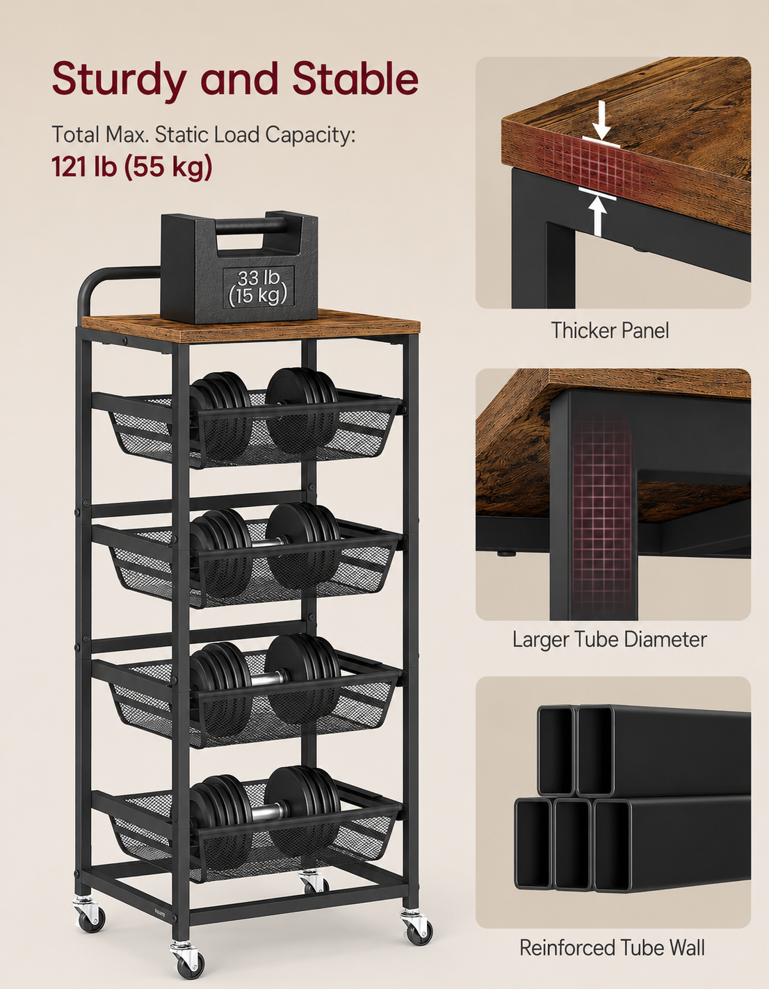 Sturdy and stable frame with 55 kg total static load capacity