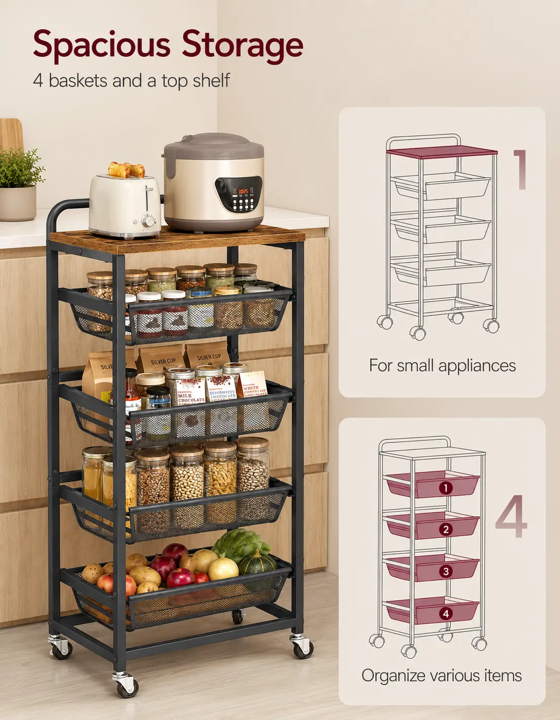 Spacious storage: four baskets plus a top shelf for small appliances