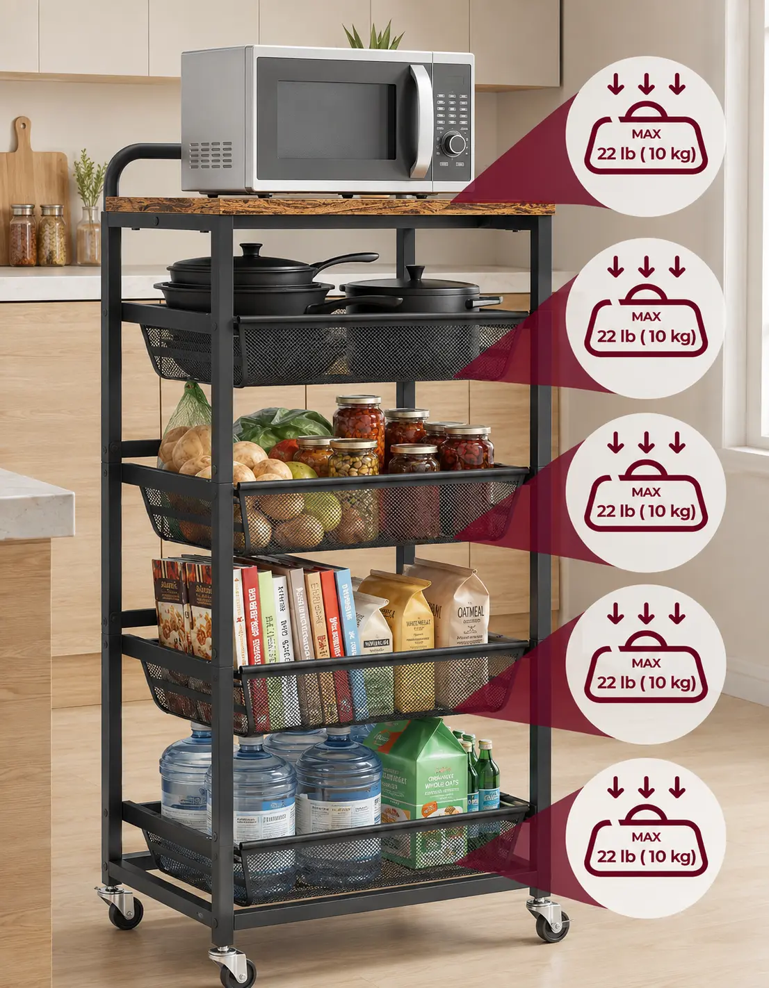 Load capacity per tier: 10 kg maximum on each basket and the top shelf