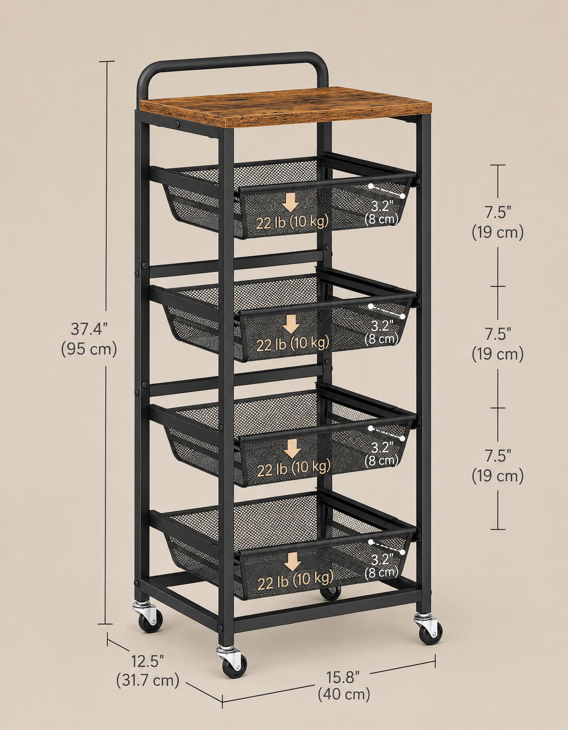 Dimensions diagram: 40 x 31.7 x 95 cm with 19 cm tier spacing